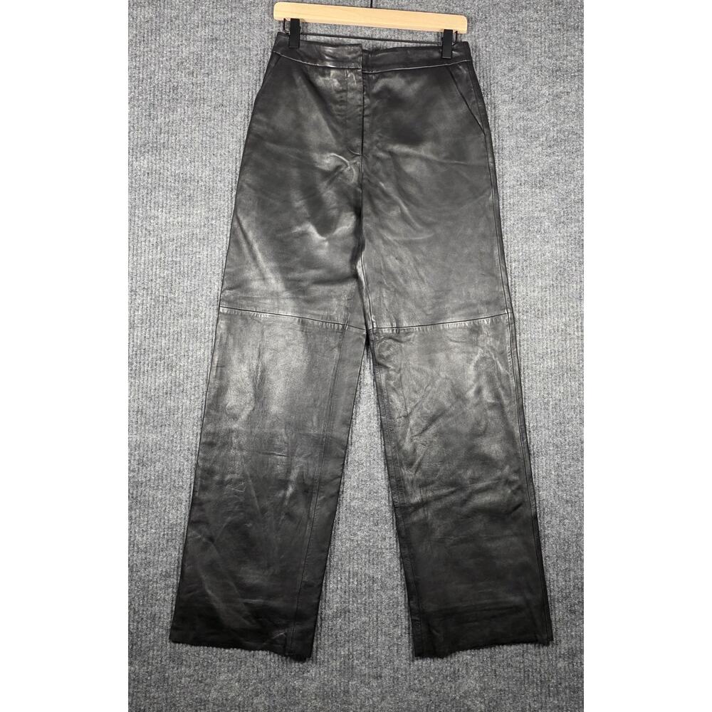 Nordstrom 100% Leather Wide Leg Pants Womens 4 Black High Rise Trousers